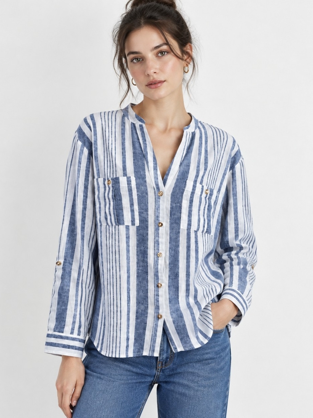 Guess Blue and White Vertical Stripe Button-Down Shirt